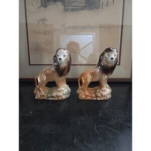 Vintage 1960s-80s Pair Brazilian Iridescent Ceramic Lions 7" Safari Decor Lustre